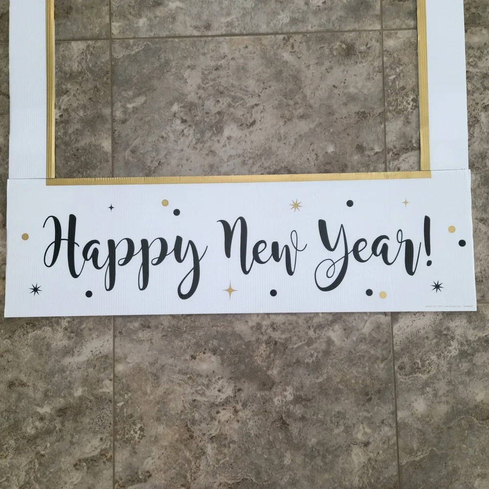 Happy New Year Photo Booth Frame Prop Gold White Black‎ NYE Party Decor 35x30